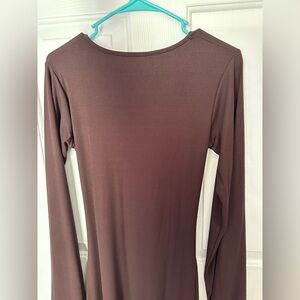 SHEIN woman causal round neck body con long flare sleeves back tie brown dress